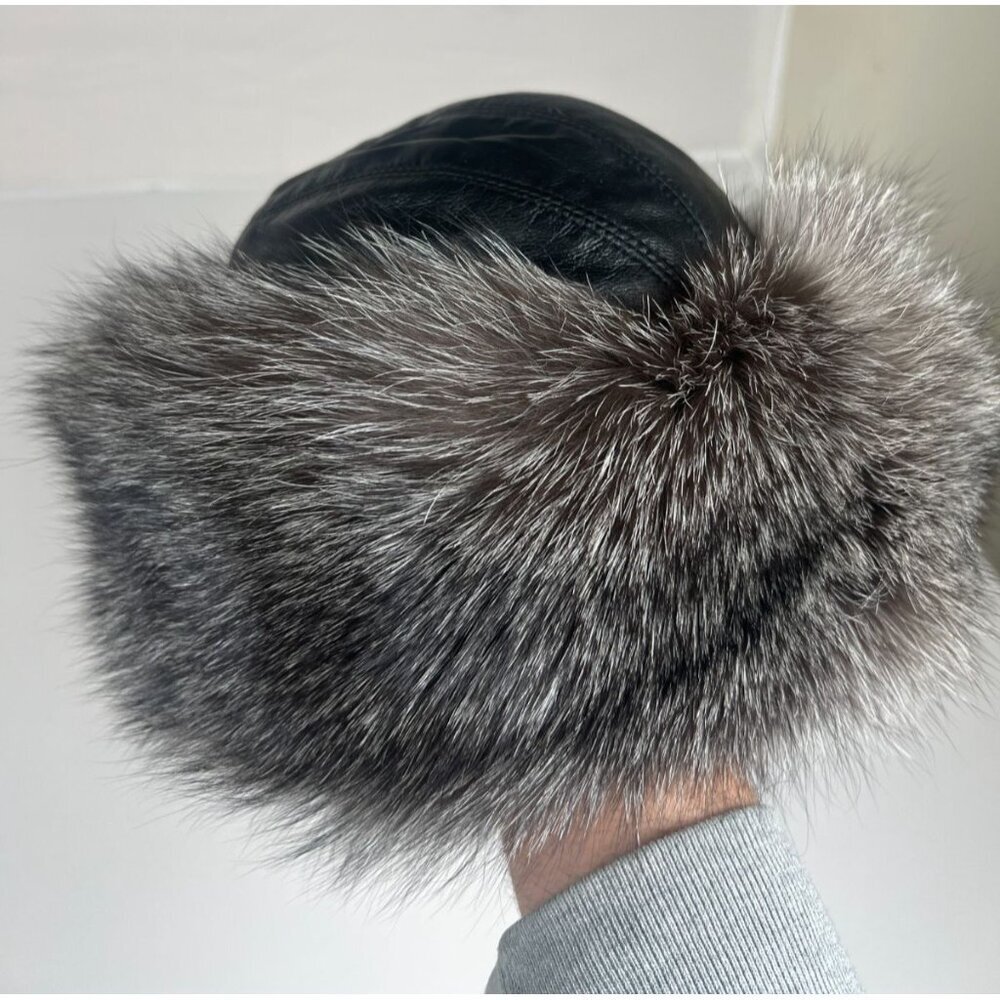 FRR Men Silver Fox Fur Black Leather Trapper Hat Winter Ear Flaps - Picture 3 of 8